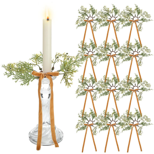Suncalla 12 Pcs Christmas Pine Taper Rings Wreaths with Velvet Bow Ribbon 1.38 Inch Mini Taper Holder Decorations for Xmas Holiday Church Home Table Centerpiece(Brown)