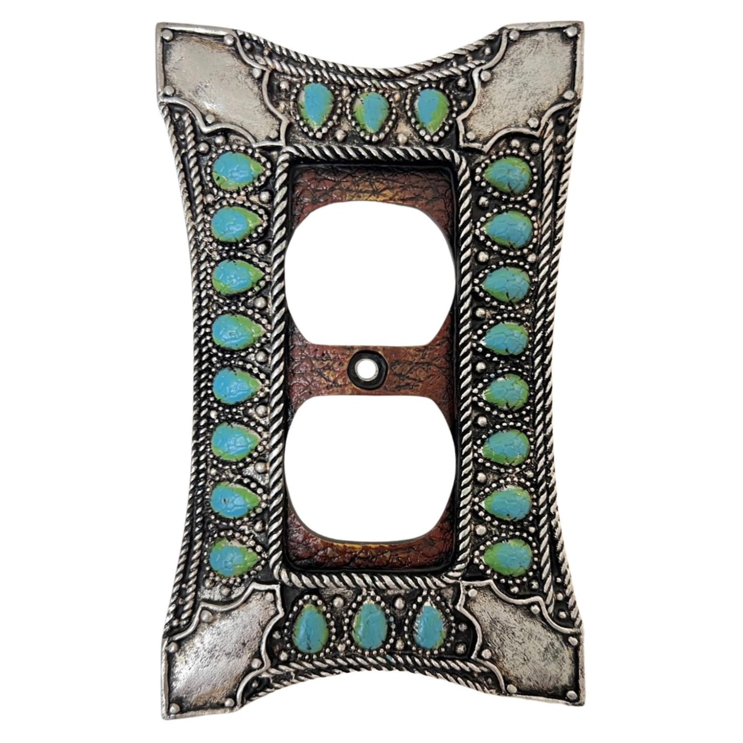 Double Outlet Cover Decorative Wall Plate - 1-Gang Light Switch Cover in Southwest Tooled Leather and Hand-Painted Faux Turquoise Gemstone Design - Southwestern & Native American Inspired Home Decor