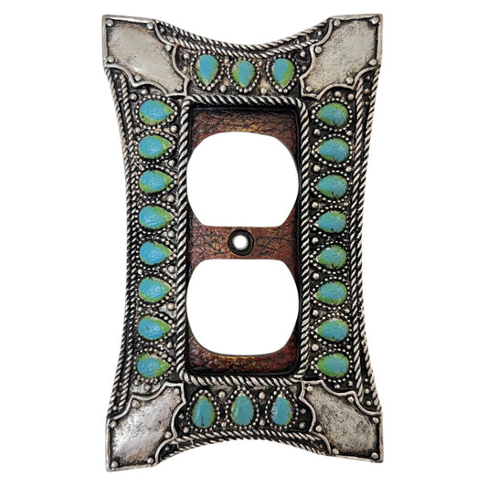Double Outlet Cover Decorative Wall Plate - 1-Gang Light Switch Cover in Southwest Tooled Leather and Hand-Painted Faux Turquoise Gemstone Design - Southwestern & Native American Inspired Home Decor