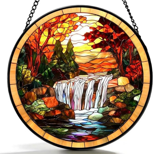 Stained Glass Window Hanging- Autumn Waterfall Design，Suncatcher for Window, for Christmas, Mother's Day and Nature Lovers