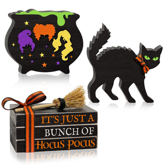 5PCS Halloween Wooden Signs Hocus Pocus, Decorative Wooden Faux Books Stack Black Cat Wood Table Signs, Cauldron Witches Sisters Halloween Tiered Tray Decor for Halloween Party Home Decorations