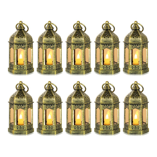 Romadedi Mini Lanterns Decorative for Centerpiece: 10pcs Hanging Small Gold Lantern Bulk with Flickering LED Candles for Wedding Decor Party Table Decorations Christmas Halloween, Batteries Included