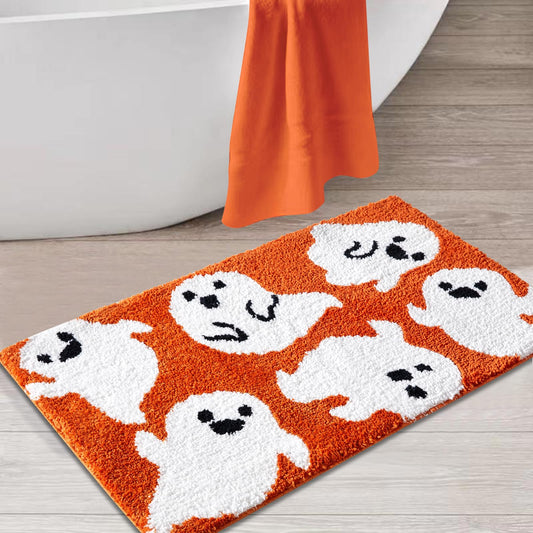 Estmy Cute Orange Ghost Bath Mat Non Slip Machine Washable 16’’x24’’ Spooky Funny Halloween Bath Rug Bathroom Decor, Soft Shaggy Microfiber Scary Spirit Fall Bathroom Shower Floor Mat Absorbent