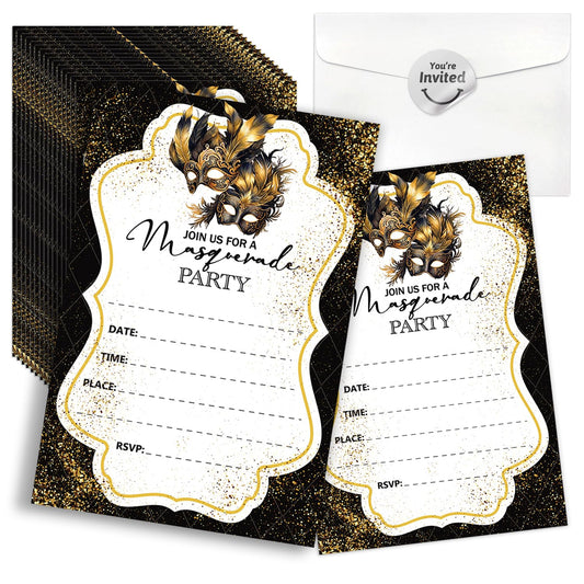 Cusrtyh Black Gold Mask Masquerade Ball Personalized Party Shaped Fill-In Invitations card 15 Sheets with Envelopes, Masquerade Party Invites, Masquerade Mask Invitations Cards Mardi Gras Supplies