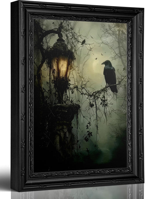 Framed Dark Academia Vintage Lantern Canvas Wall Art,Gothic Raven Painting Print,Victorian Halloween Horror Forest Crow Wall Decor,for Living Room Bedroom Home Decoration 9x11in