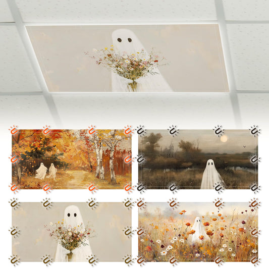 Glooglitter 4 Pcs Halloween Ghost Fluorescent Light Covers 4 x 2 ft Fall Magnetic Office Light Cover for Ceiling with 10 Magnets Filter Reduce Glare for Classroom School Home