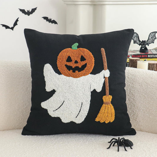 Jonhier Halloween Black Throw Pillow Cover, Embroidered Pumpkin Ghost Decorative Cushion Case for Sofa Bed Patio, Textured Pillowcase Thanksgiving Fall Decor Indoor Outdoor (Pumpkin Man, 18” x 18”)