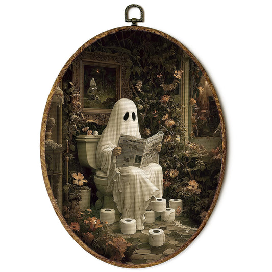 FSTCSV Halloween Bathroom Ghost Oval Wall Art Framed, Vintage Spooky Ghost Canvas Prints Wall Hanging Art, Rustic Fall Halloween Oval Walls Decor for Home Bathroom Toilet Washroom, 8.8x11.5in