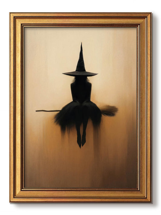 Vintage Gold Framed Halloween Wall Art, Witch On Magic Broom Pictures Wall Decor, Dark Academia Canvas Prints, Gothic Spooky Artwork for Living Room Bedroom Office Decorations 8x10 Inch