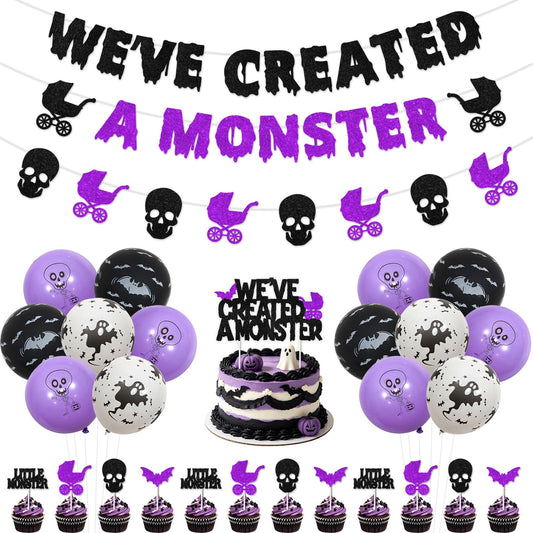 Fangleland Halloween Monster Baby Shower Decorations, Black Purle We've Created a Monster Banner Garland Cake Cupcake Toppers Balloons, Gothic Gender Reveal Pregnancy Announcement Party Supplies