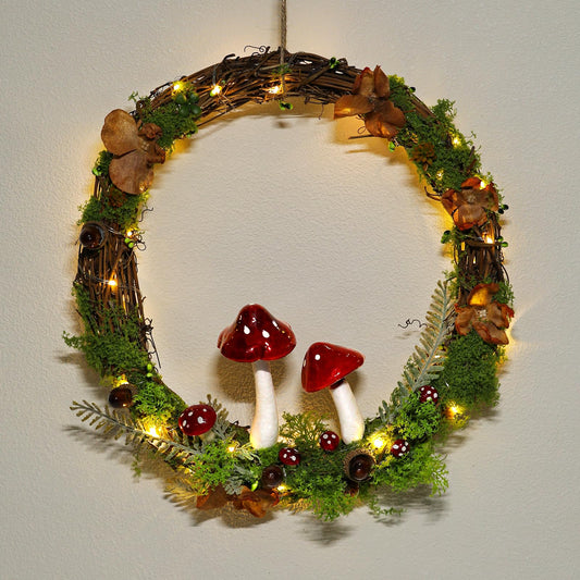 Light Up Cottagecore Decor Mushroom Wreath - 13 Inch Cottage Core Wall Decor Enchanted Forest Round Wreaths Fairy Woodland Aesthetic Home Decoration Gifts for Outdoor Garden Windows