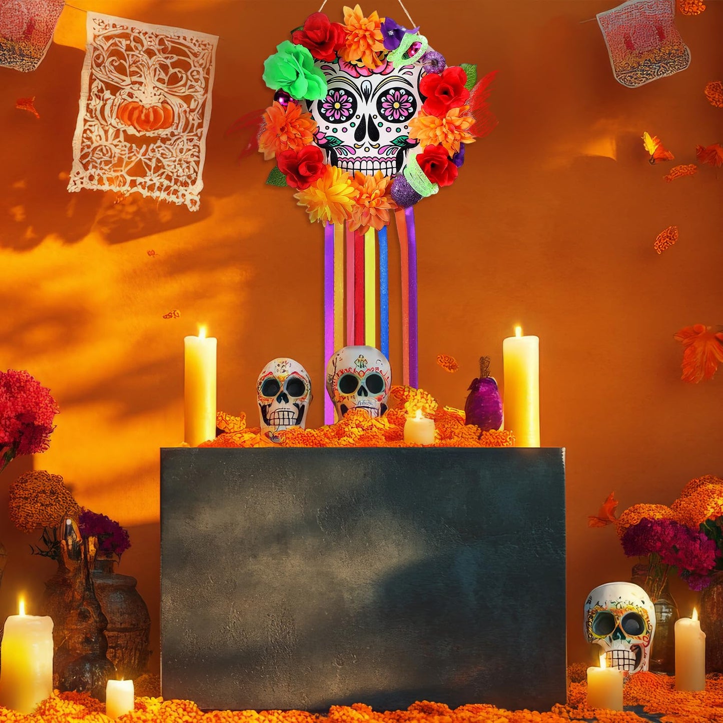 Cinnvoice Day of The Dead Wreath for Front Door Wooden Sugar Skull Marigold Door Wreath Decor Dia De Los Muertos Welcome Sign Hanging for Halloween Mexican Home Wall Porch Window