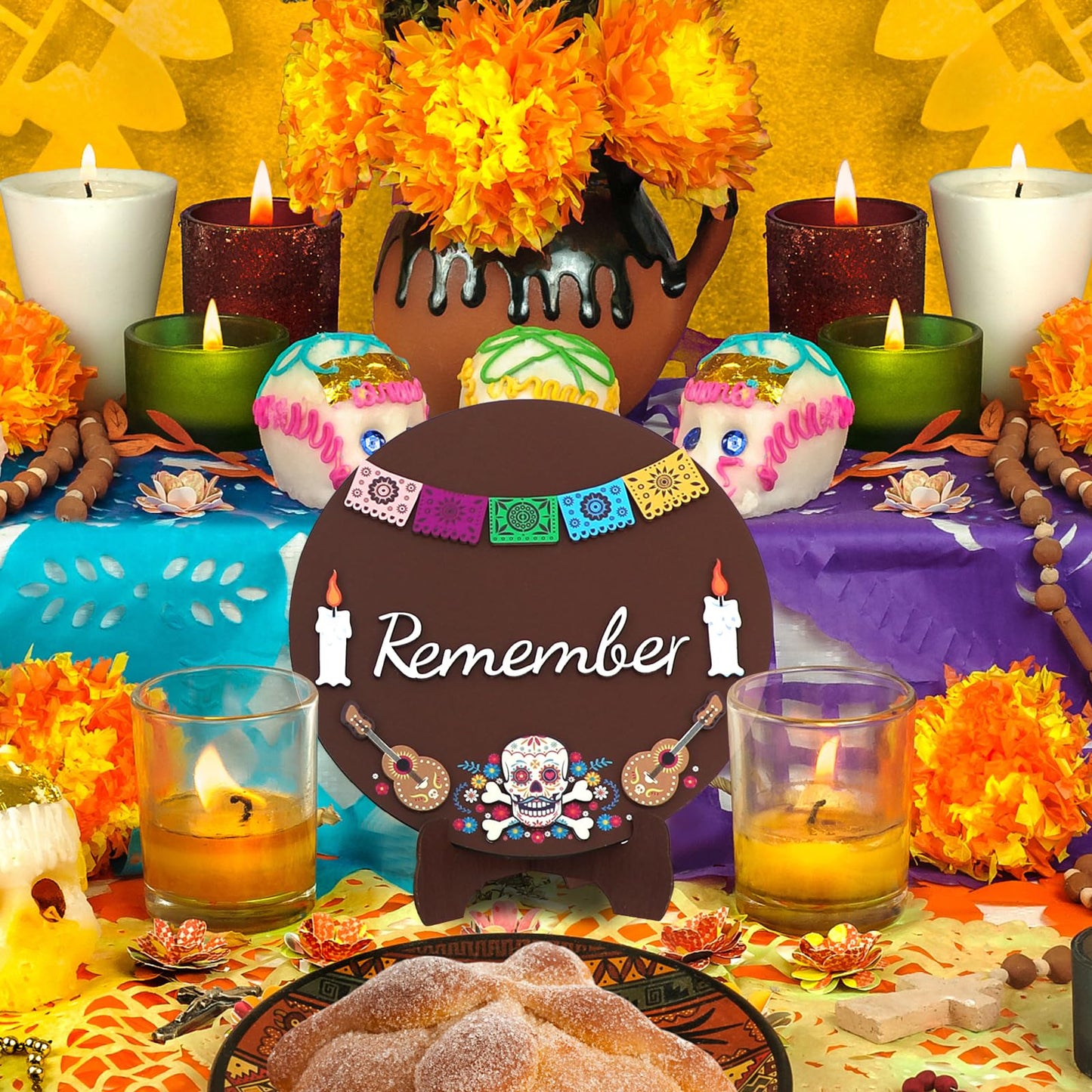 Day Of The Dead Decorations, Dia De Los Muertos Ofrenda Altar Recuerdame Wood Sign Decorations Kit with Stand, 3d Calaveras, Papel Picado Altar Supplies Decor Halloween Home Party