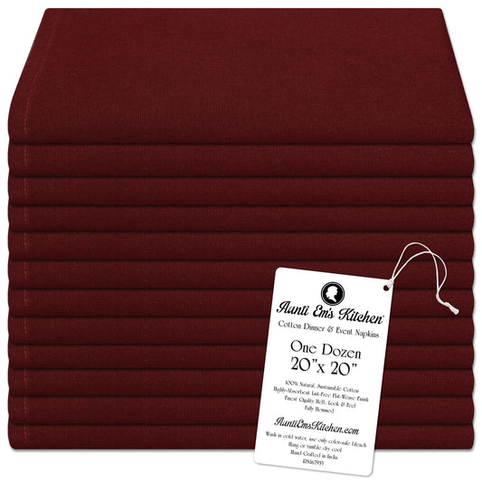 Aunti Em's Kitchen Wine Cotton Napkins Cloth 20 x 20 Oversized 100% Natural Bulk Linens for Dinner, Events, Weddings, Set of 12
