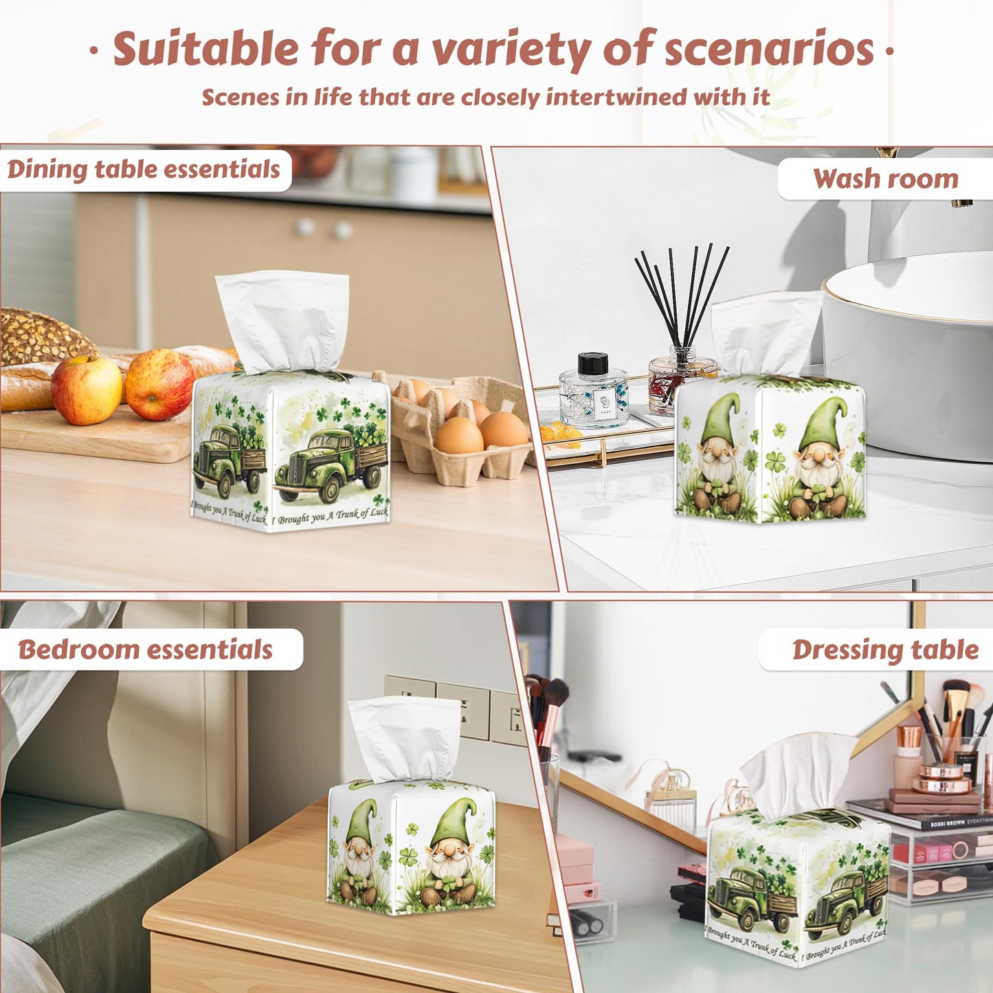 St. Patrick's Day Tissue Box Holder,Four Leaf Clover Leather Tissue Box Cover Square, Paper Facial Decorative Tissues Cover for Bathroom Home Car Nightstand Vanity Desk, 2 Pcs