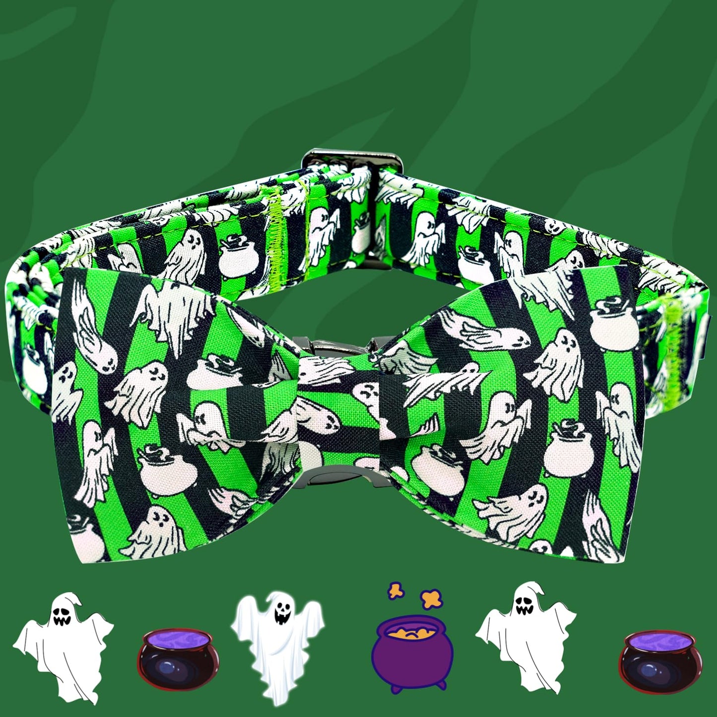 Elegant little tail Fall Dog Collar, Halloween Dog Collar Ghosts Pet Collars with Bowtie Metal Buckle Cotton Puppy Girls Boys Adjustable Pet Collars for Medium Dogs