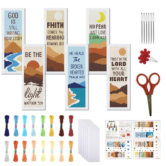 FREEBLOSS 11CT 6 Set Cross Stitch Bookmark Kit Landscape Stamped Embroidery Bookmark Kit with Instructions 6 Back Felt Bookmarks Making Set for Adults Book Lovers, 8"x2.4"