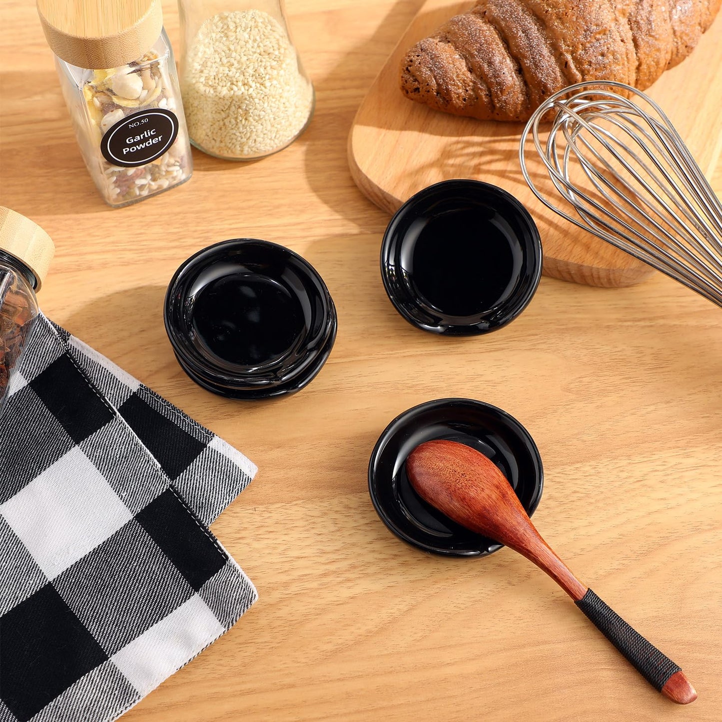 Boao 2.7 Inches Mini Ceramic Spoon Rests, Gold Rim Kitchen Spoon Rests, Mini Cooking Spoon Holder for Stove Top Countertop, Teaspoon Rest, Coffee Stir Spoon Rest (Black,4 Pieces)