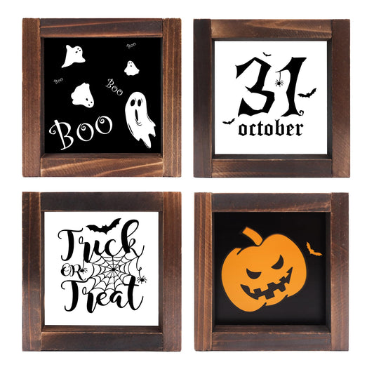 GMFrames 4Pcs Halloween Decorations Indoor,Vintage Halloween Wood Sign,Shelf Mantel Decor,Farmhouse Home Table Desk Wall Decor