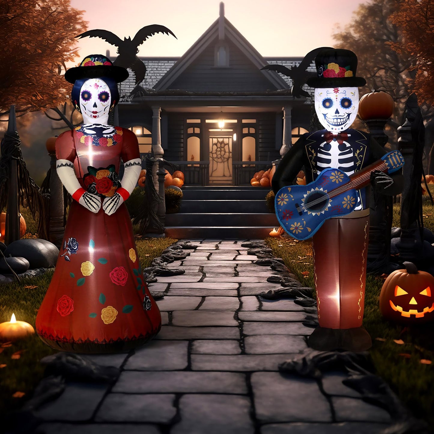 Fourluoo 2 Pcs 4.9 ft Dia De Los Muertos Inflatable Outdoor Decoration Day of The Dead Light up Blow up Sugar Skull Halloween Inflatable Couple Groom and Bride Yard Decoration for Garden Lawn Decor