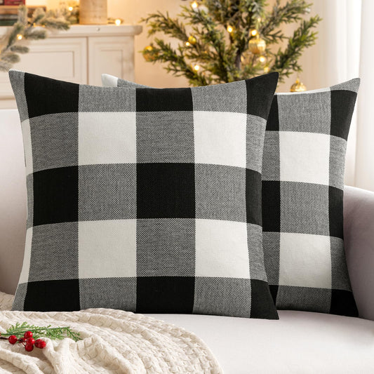 MIULEE Halloween Pack of 2 Farmhouse Buffalo Check Plaids Linen Throw Pillow Covers Soft Soild Decorative Home Decor Outdoor Cushion Case for Sofa Bedroom 18 x 18 Inch, Black and White