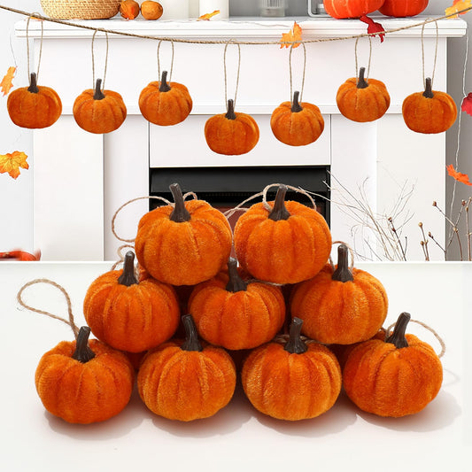 Whaline 18Pcs Fall Pumpkin Hanging Ornaments Velvet Fabric Pumpkin Ball Ornaments Thanksgiving Hanging Tree Decorations for Farmhouse Autumn Harvest Party Home Decor