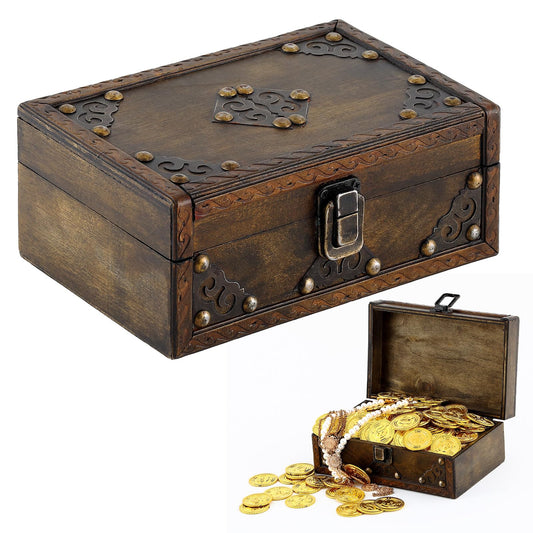 Threehoney Wooden Treasure Chest 7" x 5" x 3" Vintage Pirate Chest Keepsake Box with Hinged Lid for Jewelry Storage Coins Trinkets Rustic Decorative Box for Table Home Decor