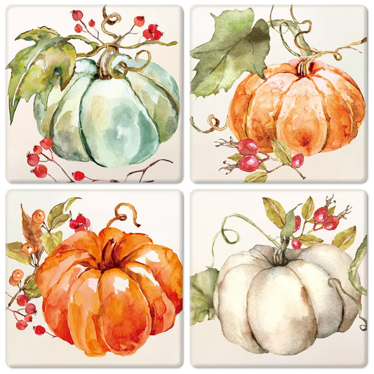 Whaline Fall Thanksgiving Coasters Watercolor Pumpkin Square Drink Coaster Autumn Harvest Absorbent Ceramic Cup Mat for Mugs Cups Home Kitchen Office Party Supplies, 4Pcs