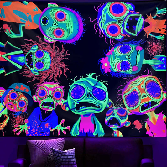 Horror Tapestry Blacklight Tapestry for Bedroom Zombie Crowd Around Tapestries UV Reactive Poster Glow in the Dark Walker Undead Ghoul Tapestries Wall Hanging Halloween Decor Scary Room Decor 90"x71"