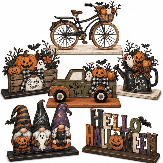 6 Pieces Halloween Decor Hello Halloween Table Topper Signs Spooky Pumpkin Ghost Gnome Truck Tiered Tray Centerpiece Farmhouse Halloween Wooden Tabletop Decorations for Indoor Home Kitchen Party