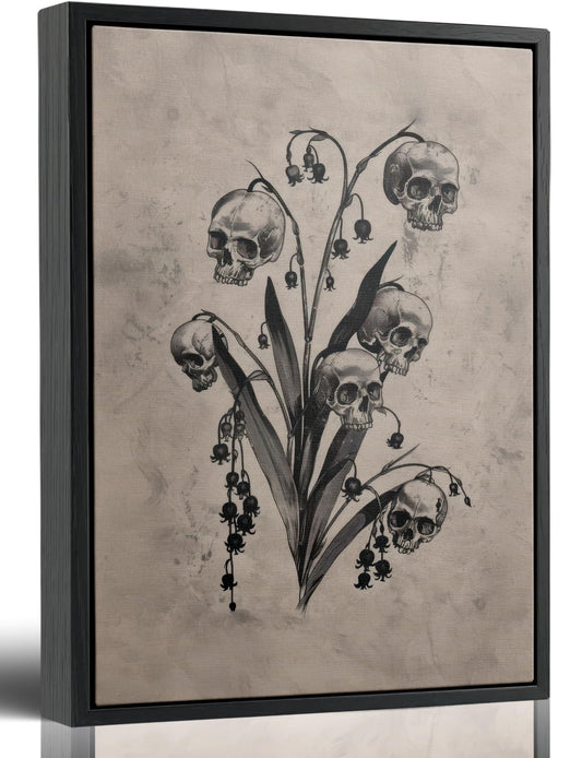 Framed Skeleton Flower Canvas Wall Art, Dark Academia Skull Floral Painting Picture Wall Decor, Vintage Botanical Poster Print Artwork for Living Room Study Home Decoration 12x16in