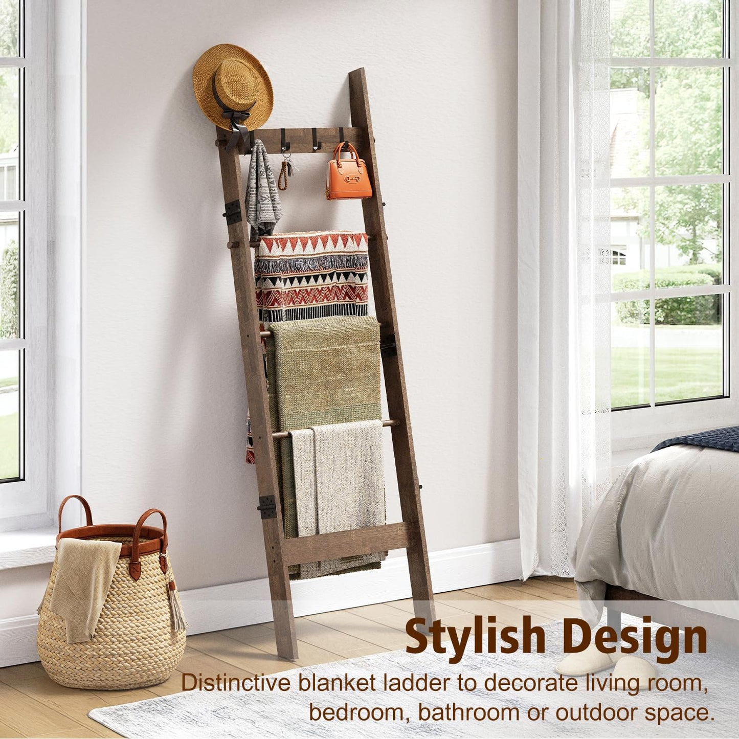 HonyQiShuo 5-Tier Bamboo Ladder Shelf, Farmhouse Style Blanket Ladder, Rustic Decorative Ladder with 4 Removable Hooks, Brown