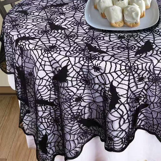 Mluiov Halloween Tablecloth Lace Black Bat Spider Web Decorations Halloween Party Fall Table Cloth Gothic Decor Round Table Cover, 70 Inch