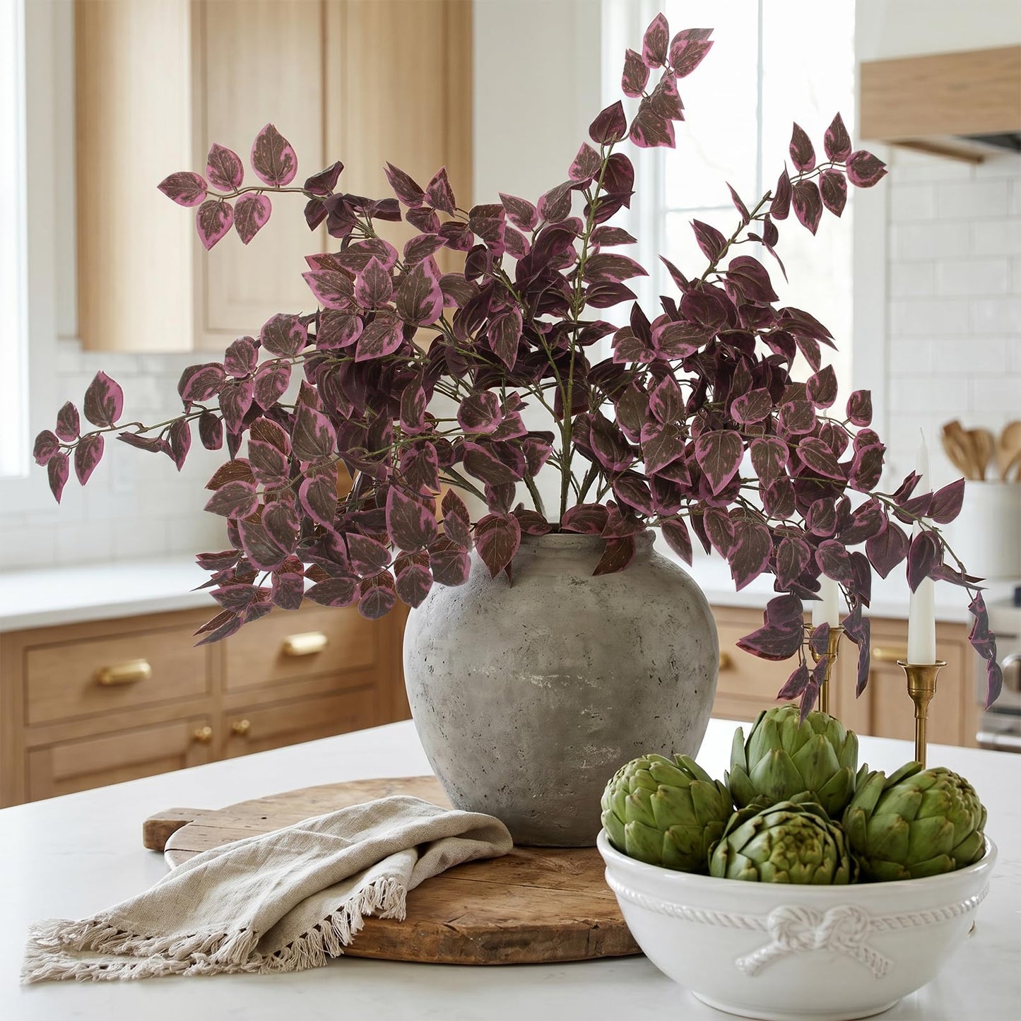 Daynight 35″ Fall Artificial Eucalyptus Stems, 6Pcs Silk Faux Foliage Branches, Autumn Greenery Stems for Thanksgiving Halloween Farmhouse Table Centerpiece DIY Decor (6, Burgundy)