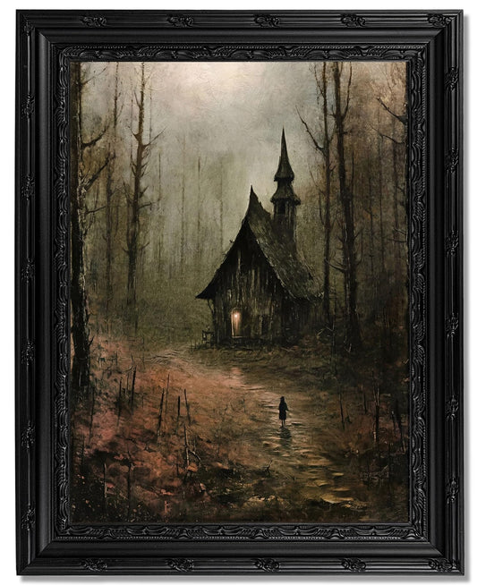 Dark Gothic Forest Church Framed Wall Art, Vintage Moody Landscape Canvas Print with Ornate Black Carved Frame, Dark Academia Aesthetic Wall Decor for Bedroom Living Room Halloween