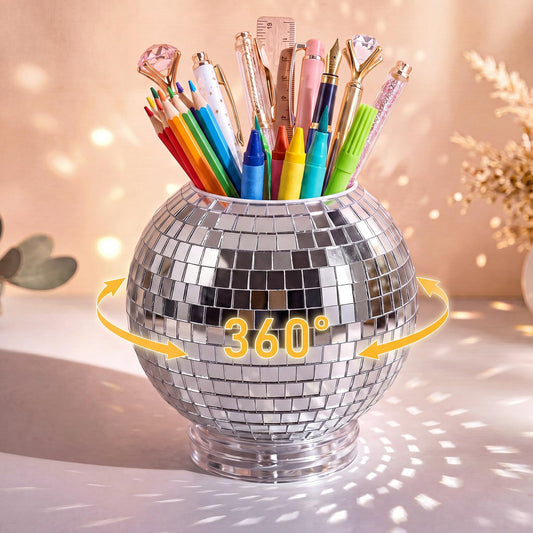 Gandeer 360 Degree Rotating Disco Ball Pencil Holder for Desk 4.5 Inch Back to School Desk Accessories Disco Pen Makeup Brush Organizer with Silver Sequins for Office Classroom Bedroom Decor