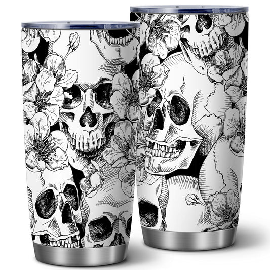 ATHAND Goth Skull Floral Tumblers,20 Oz Halloween Insulated Stainless Steel Iced Coffee Tumbler with Lid,Funny Travel Coffee Mug Cup Water Bottle,Novelty Gift for Trick or Treat Birthday Party,1 Pcs