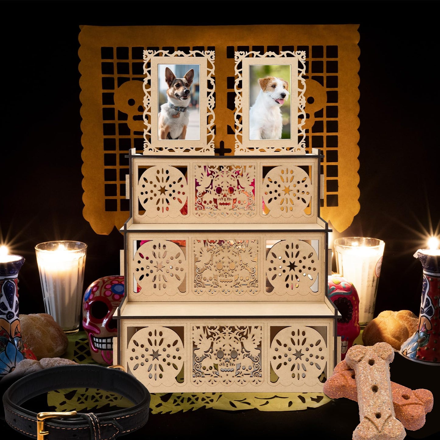 MotiMind Dia De Los Muertos 2 Photo Frame Three Layer Altar Ofrenda Box, Poplar Plywood Sugar Skulls and Pan de Muerto Papel Picado, Self Painting Shadow Box Frame The Day of The Dead Decor(Elegant)