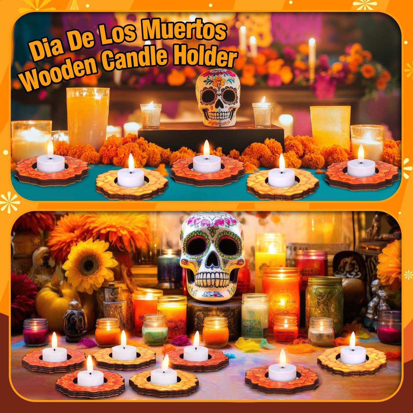 LemonRoad 12 Pcs Dia De Los Muertos Wooden Candle Holders Day of The Dead Marigold Home Table Decor for Mexican Party Day of The Dead Altar Decorations Remembrance Supplies Halloween Party Favors