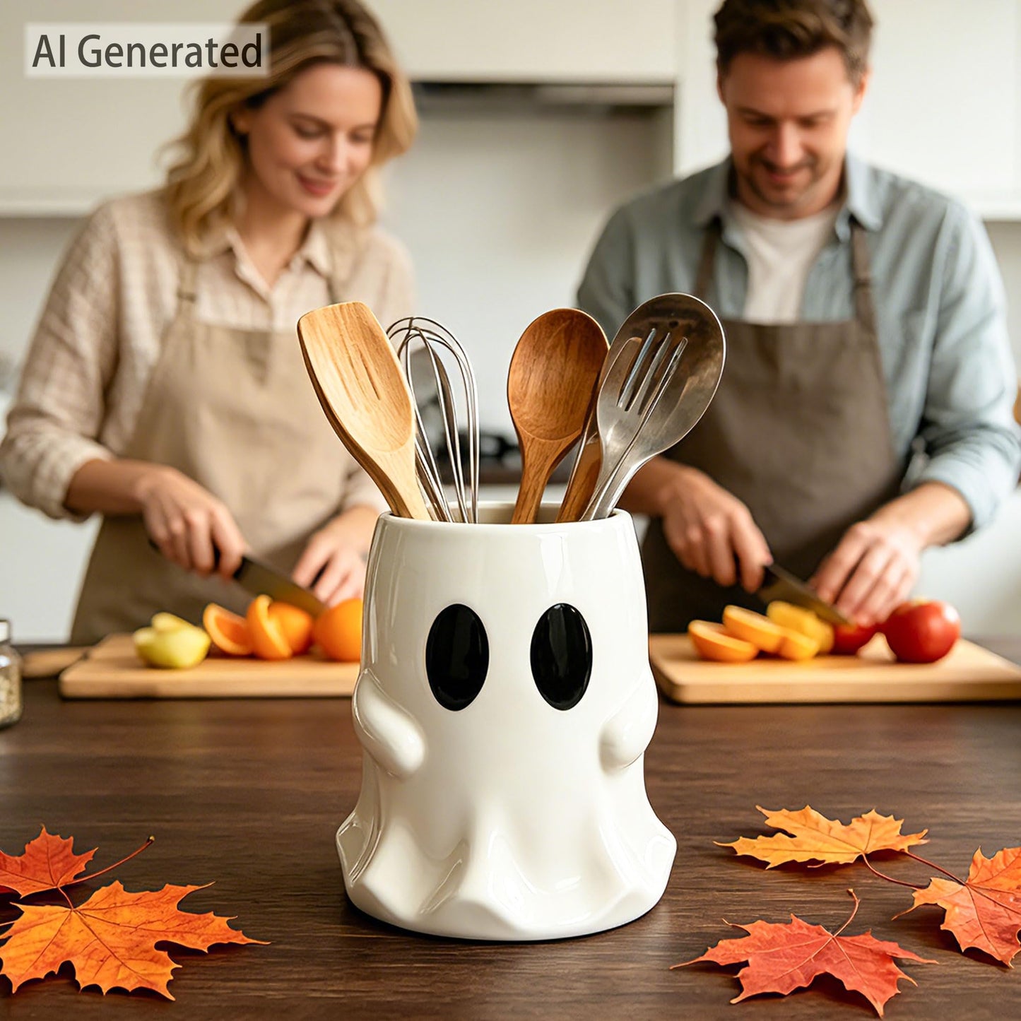 pinata Halloween Kitchen Decor Ceramic Ghost Utensil Holder, Cute Halloween Utensils Holder, Ceramic Utensils Crock for Rustic Farmhouse Indoor Kitchen Decorations(6.3 Inches)