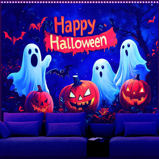 AOHMPT Glow-in-the-Dark Halloween Tapestry - UV Reactive Black Light Wall Hanging Decor for Spooky Parties, Bedroom, Living Room (Happy Halloween, 79L x 59W, Unframed)