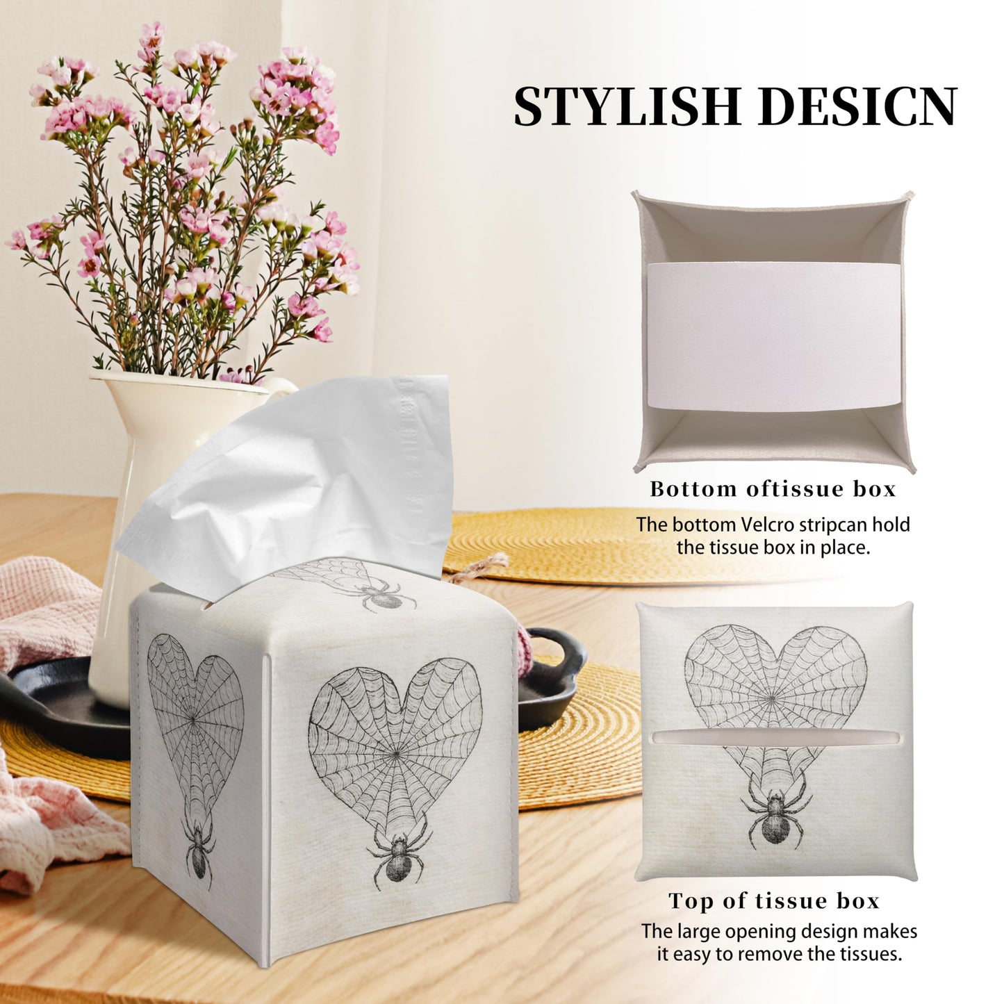 Grace Yonks Gothic Tissue Box Cover Square - Heart Web with Spider Design 5.2" PU Leather Holder for Vanity, Desk, or Bathroom Counter - Cube Case for Facial Tissues. (119)