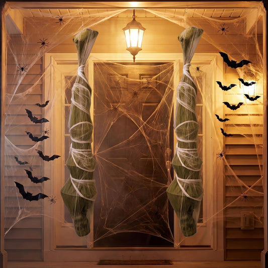 Teyva Daily 34 Pcs Halloween Door Decor Set Include 2 Pcs 71 Inch Hanging Corpse Mummy 16 Bats 15 Spiders and 60g Spider Webs Mummy Door Decoration for Halloween Party Front Doors Yard Garden Decor