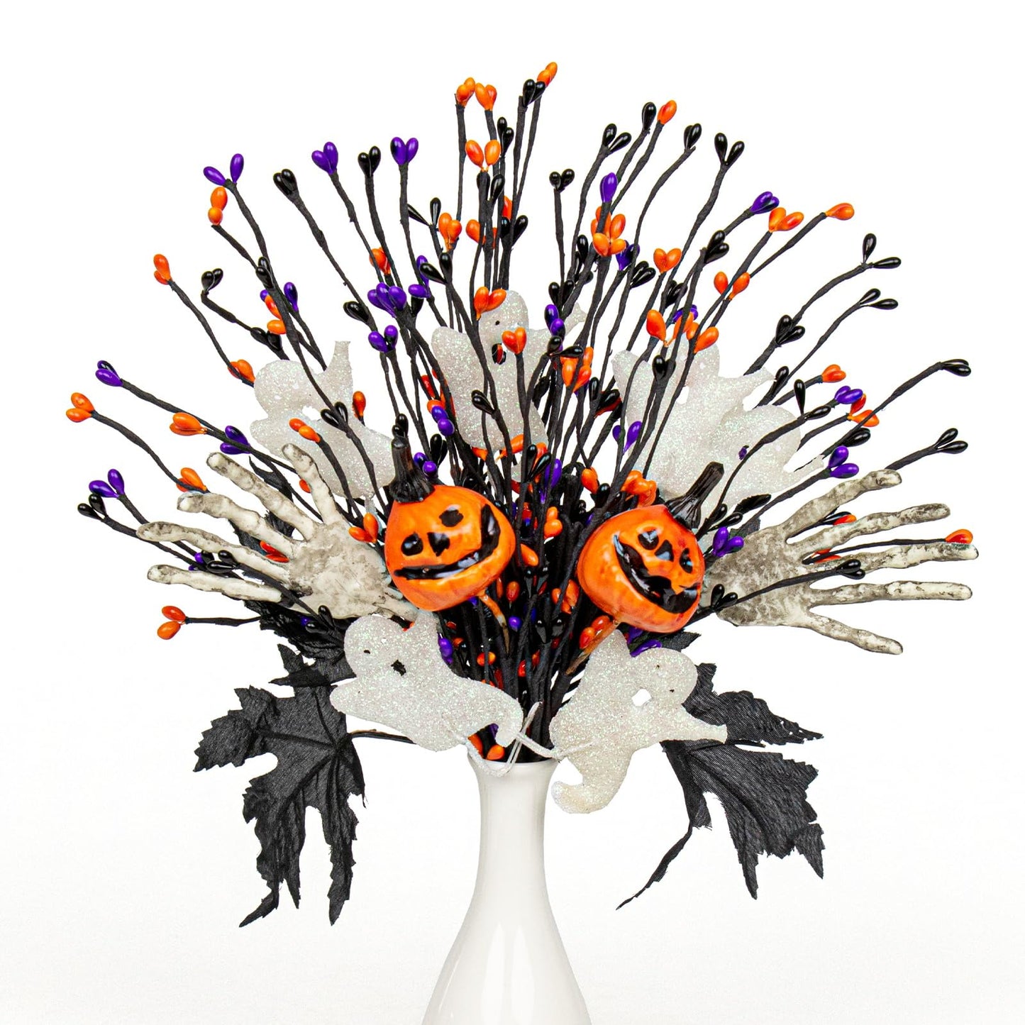 VioletEverGarden 10 Pack Halloween Stems 17 Inch Halloween Floral Picks 3 Styles Berry Branches with Pumpkin Skeleton and Ghost for Gothic Holidays Celebration