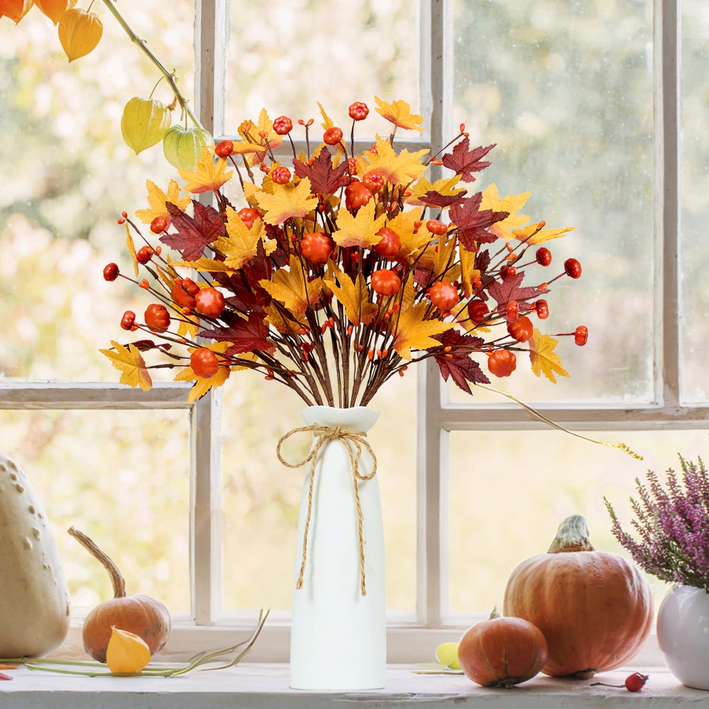 WSTPUPU Artificial Fall Stems10 PCS Fall Floral Picks 17Inch Autumn Berry Stems with Maple Leaves Suitable for Dining Tables Vase Center Decoration Thanksgiving and Harvest Festival
