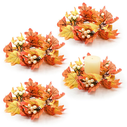 Bacucine 4Pcs Fall Wreaths Small Candle Rings with Maple Leaves Fall Candle Holders Artificial Flower Wreath for Wedding Farmhouse Door Home Table Home Decor
