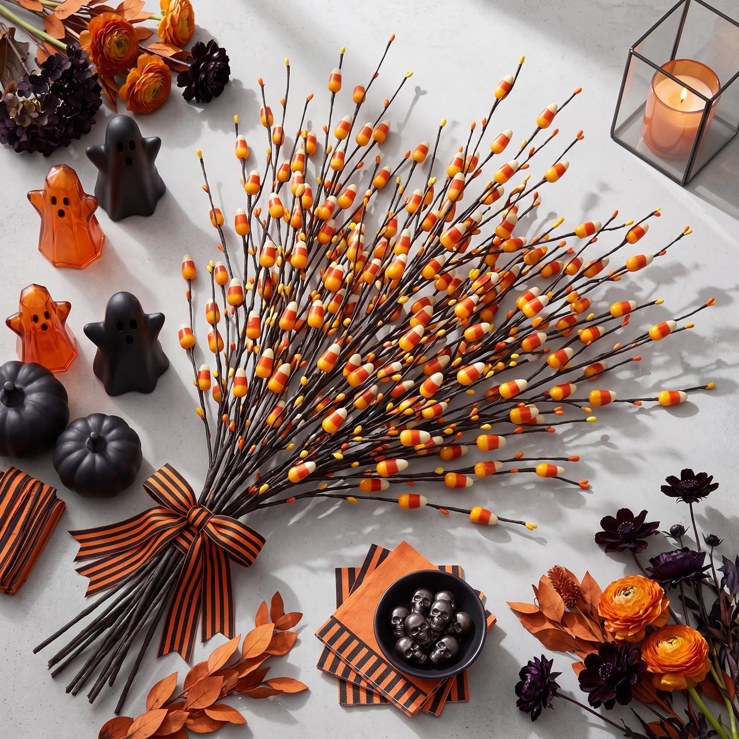 Yuxung 8 Pcs 20 Inch Halloween Candy Corn Artificial Stems Berry Spray with Fake Candies for Halloween Party Spooky Decoration, Faux Twigs and Branches for Vases Arrangement for Fall Season