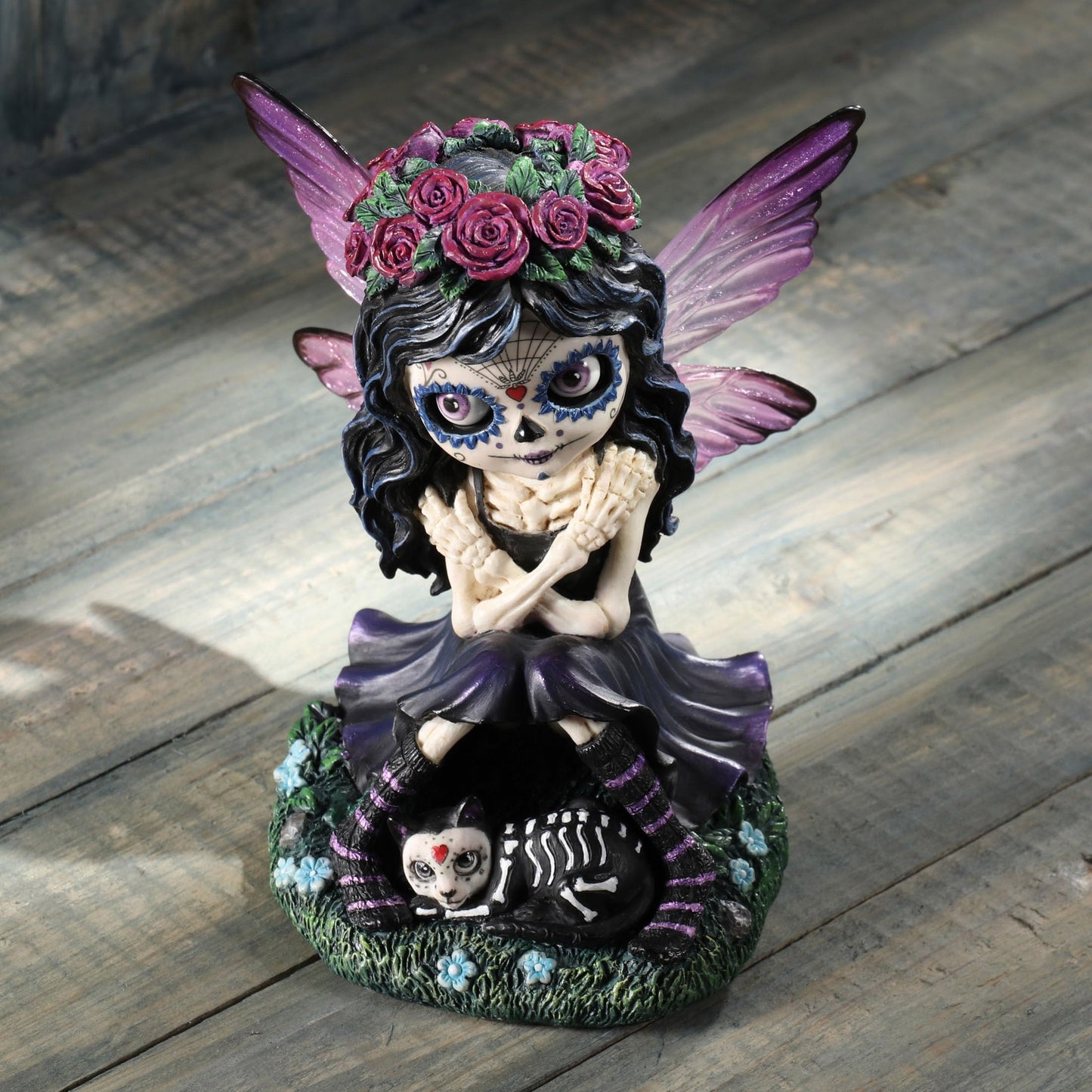 Veronese Design 4 3/4 Inch Day of The Dead Sugar Skull Butterfly Fairy Petting Cat Resin Hand Painted Figurine