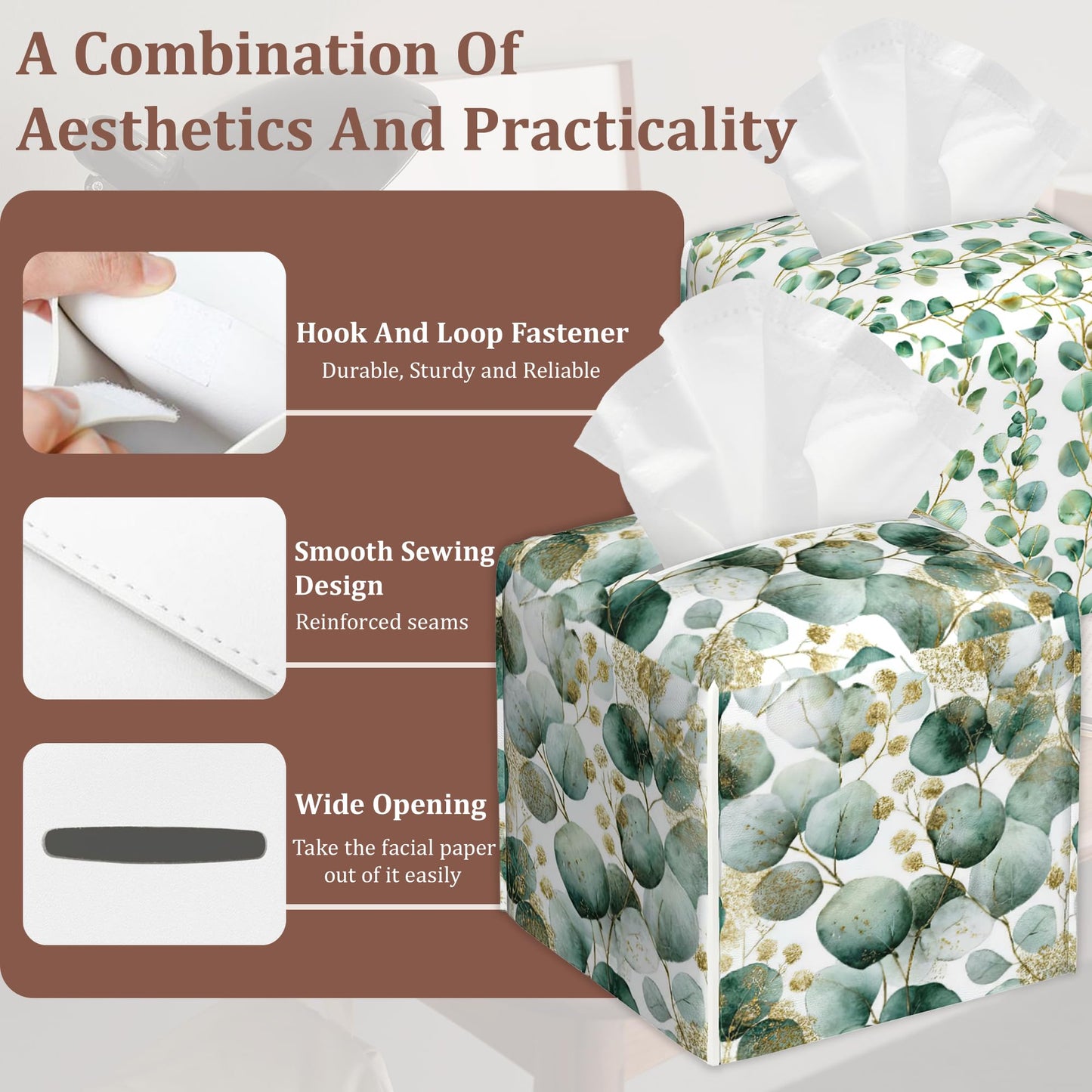 Eucalyptus Leaves Tissue Box Cover 2Pcs PU Leather Tissue Box Holder for Home, Square Tissue Holder for Harvest Autumn Season Halloween Thanksgiving Gift