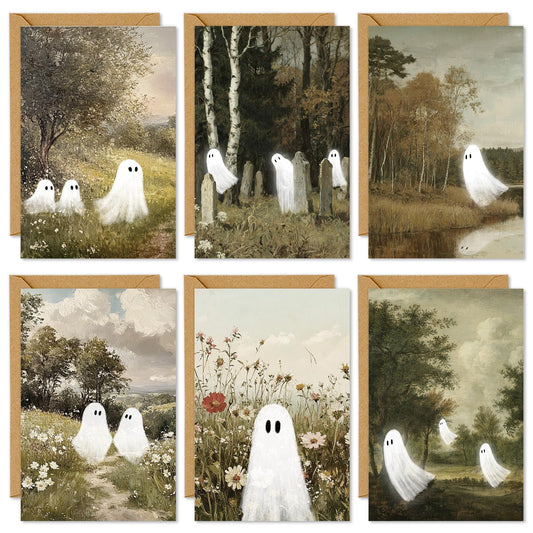 Whaline 36 Pack Halloween Cards Cute Ghost in Nature Greeting Cards with Envelopes Stickers Glue Stick Blank Note Card for Party Invitations, 4 x 6 Inch